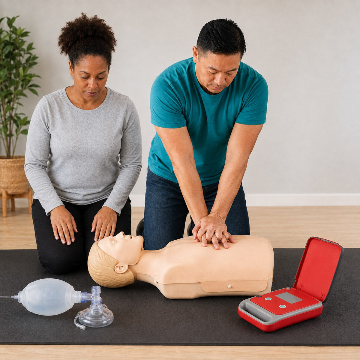 Two rescuers practice BLS on a training mannequin using chest compressions, a bag-mask and an AED