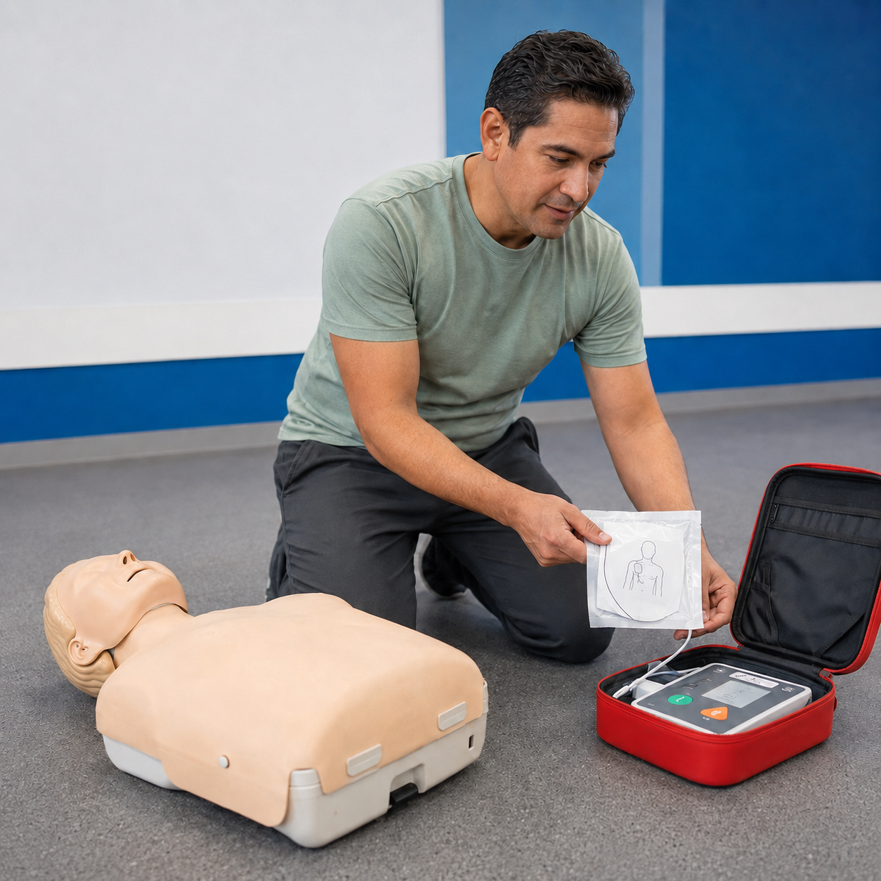 Responder performs CPR on a training mannequin with AED pads attached and the AED ready