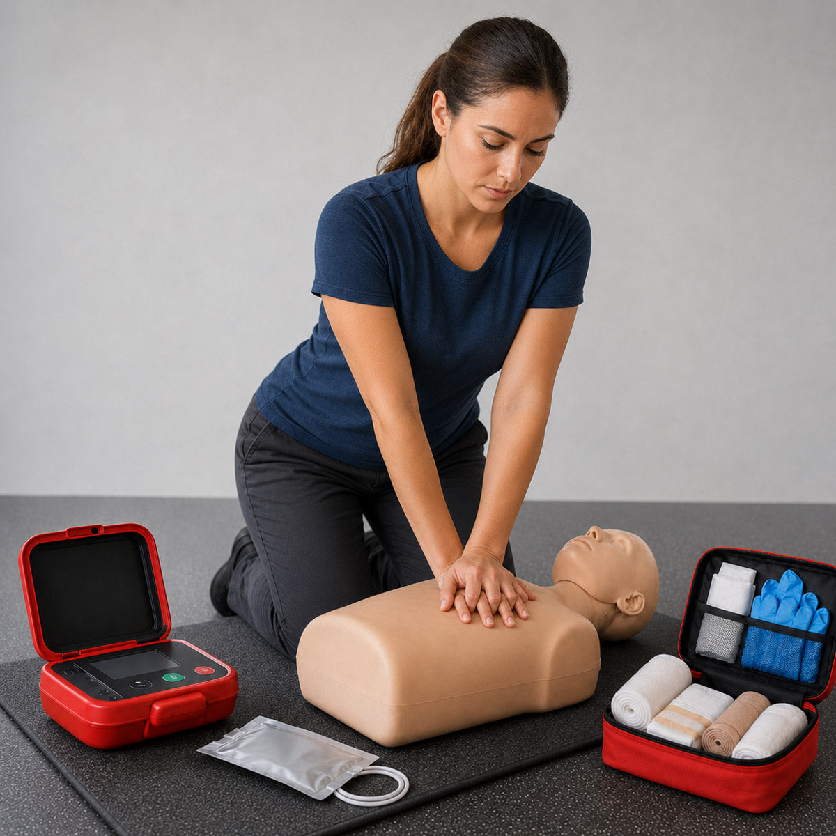 Woman performs CPR on a training mannequin beside an AED and open first aid kit
