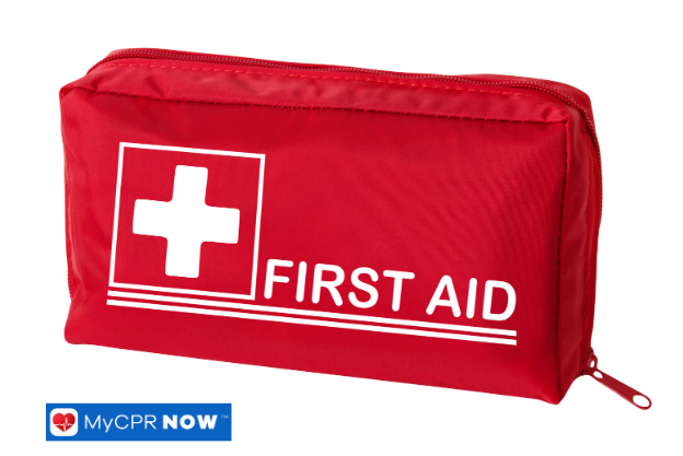 Red first aid kit on a white background.