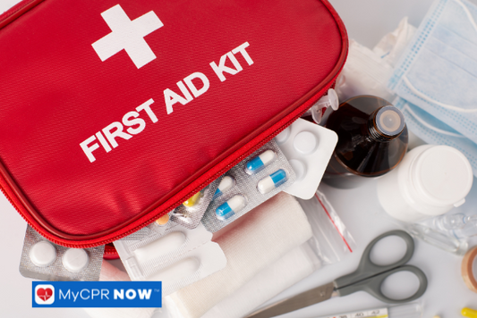 First aid kit with medications, gloves, scissors, and antiseptic bottles.