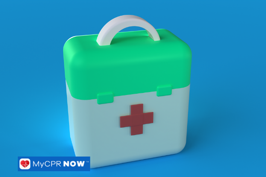 Green and white modern first aid kit with a handle against a blue background.
