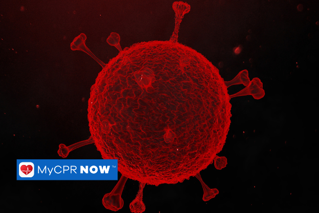 Red, highly detailed virus particle illustration.