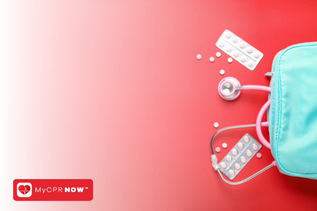 A light blue first aid kit with a stethescope and pills coming out of it on a red background. 