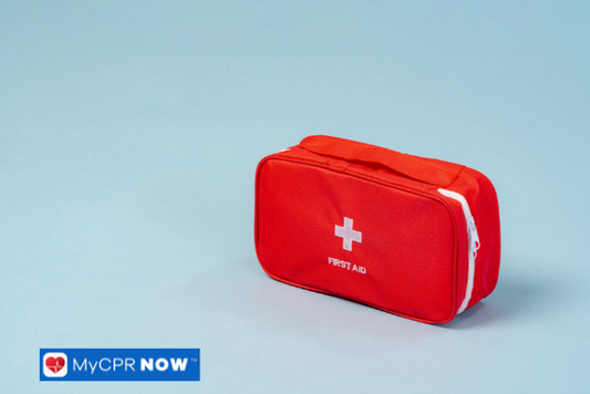 Red first aid pouch placed on a light blue background.