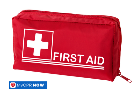 Red zippered first aid kit with a white cross and text on a white background