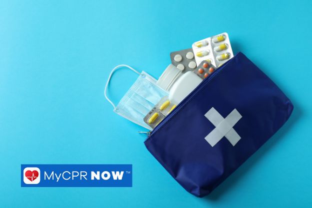 A blue first aid kit with first aid supplies comming out of it on a blue background.