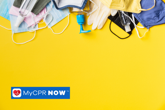 A yellow background with PPE equipment like gloves, masks, and sanitiers at the top.