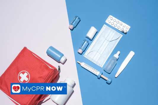 A duel color background of white and blue, with a red first aid kit and bottles on the white side, and a mask, bottles, pills, and a syringe on the blue side. 