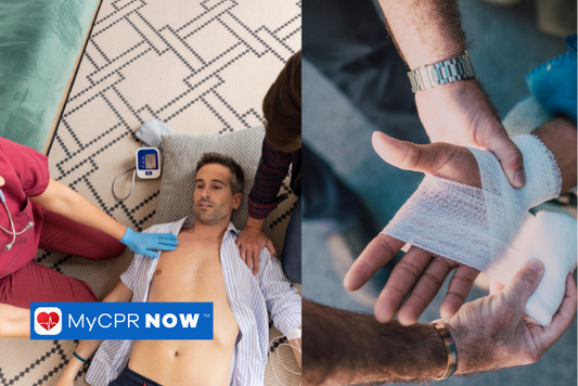 A man laying down being saved by CPR and another getting their hand wrapped by a first aid flexible bandage