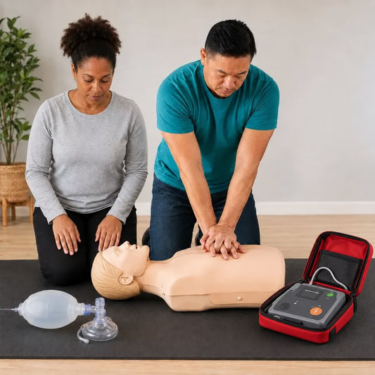 Two rescuers practice BLS on a training mannequin using chest compressions, a bag-mask and an AED.