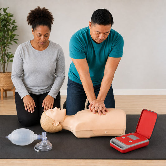 Two rescuers practice BLS on a training mannequin using chest compressions, a bag-mask and an AED