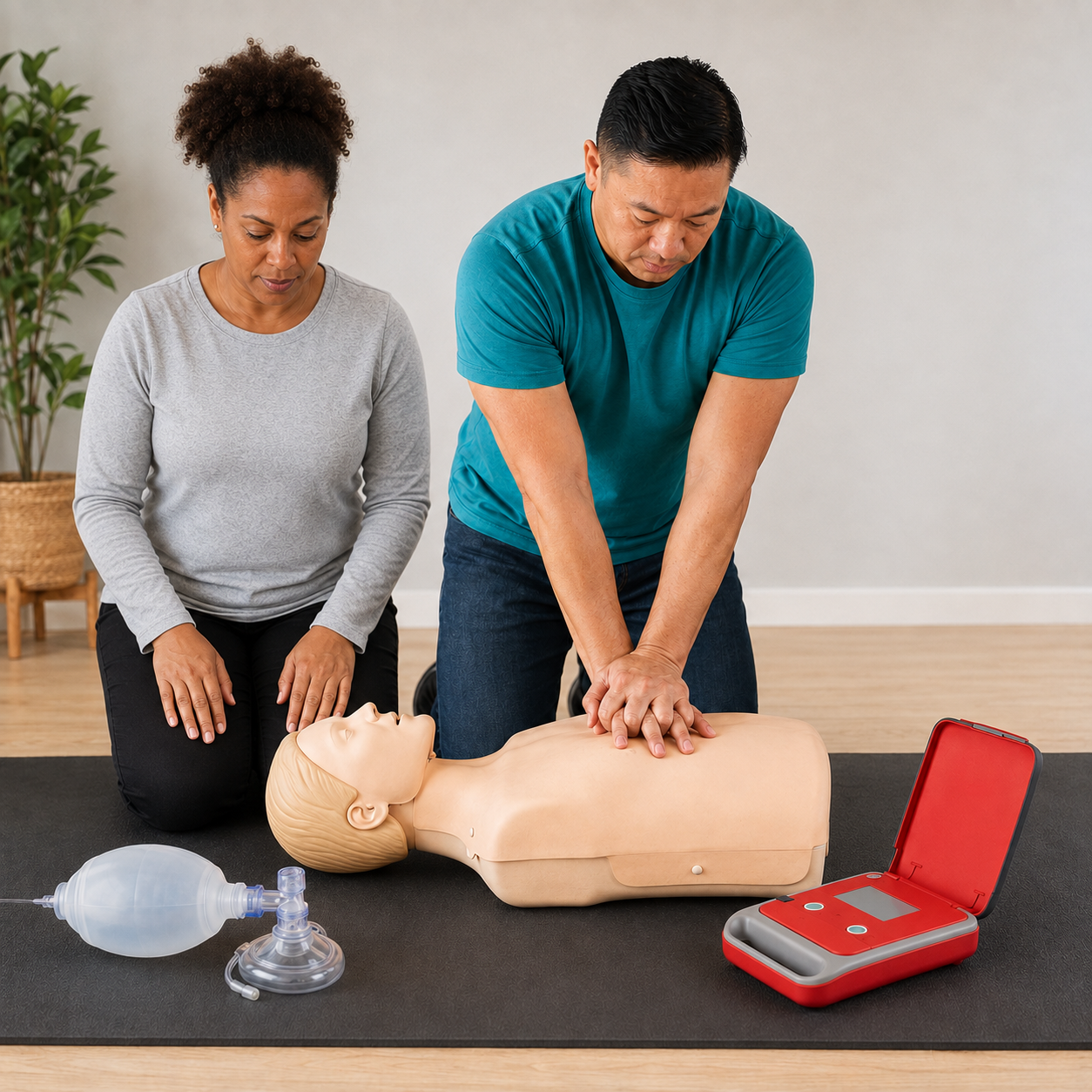 Two rescuers practice BLS on a training mannequin using chest compressions, a bag-mask and an AED