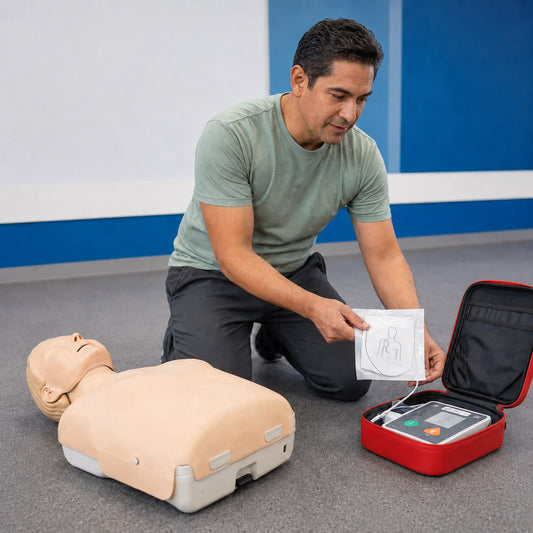 Responder performs CPR on a training mannequin with AED pads attached and the AED ready
