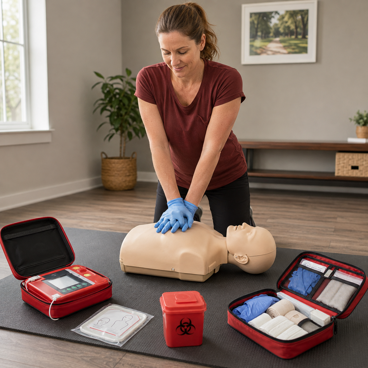 Responder practices CPR beside an AED, first aid kit and bloodborne-pathogen safety supplies