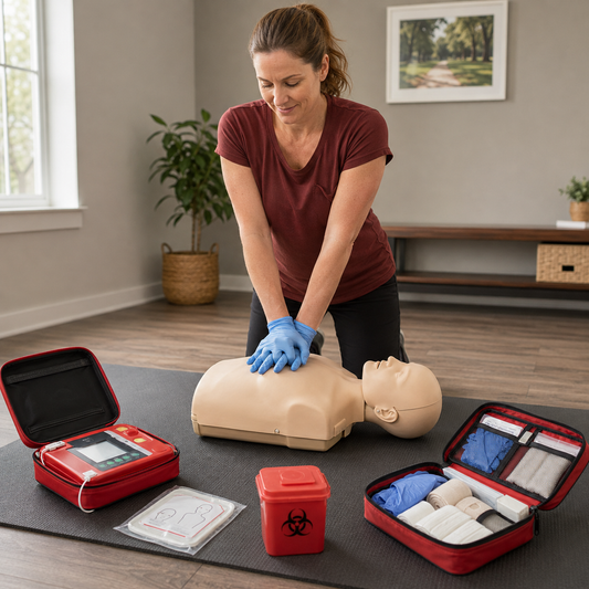 Responder practices CPR beside an AED, first aid kit and bloodborne-pathogen safety supplies