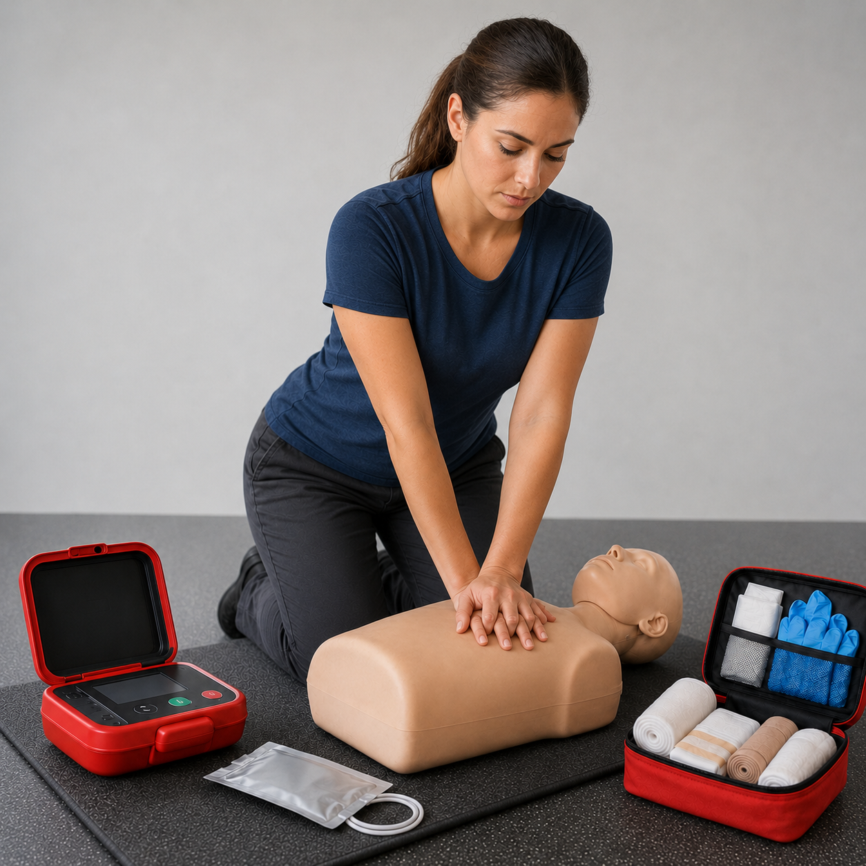 Woman performs CPR on a training mannequin beside an AED and open first aid kit