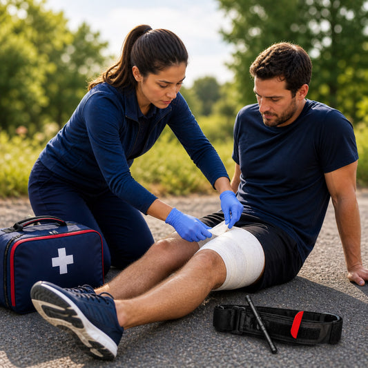 Responder wearing gloves bandages a seated man's leg beside a first aid kit and tourniquet