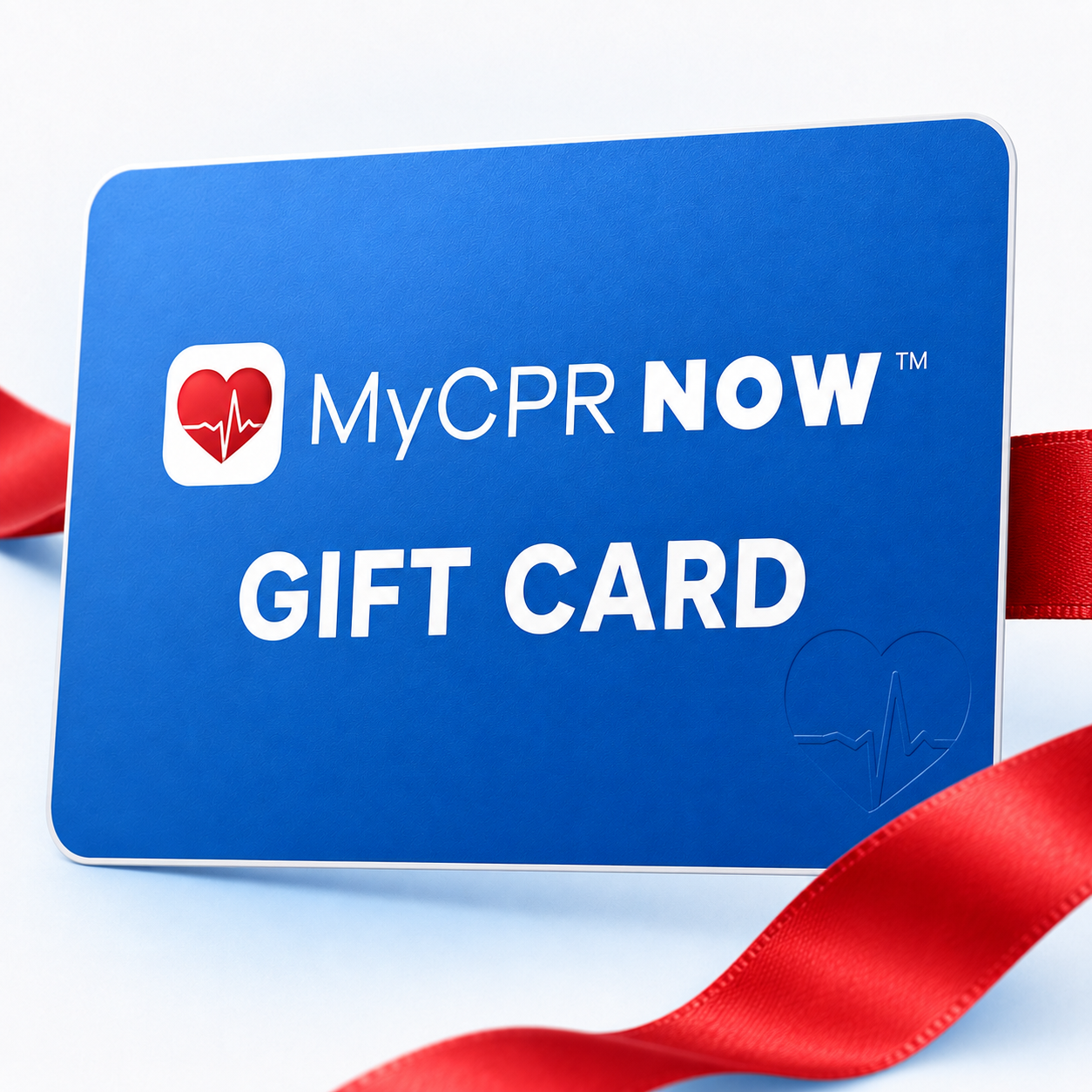Blue MYCPR NOW gift card with a red ribbon and heart rhythm logo