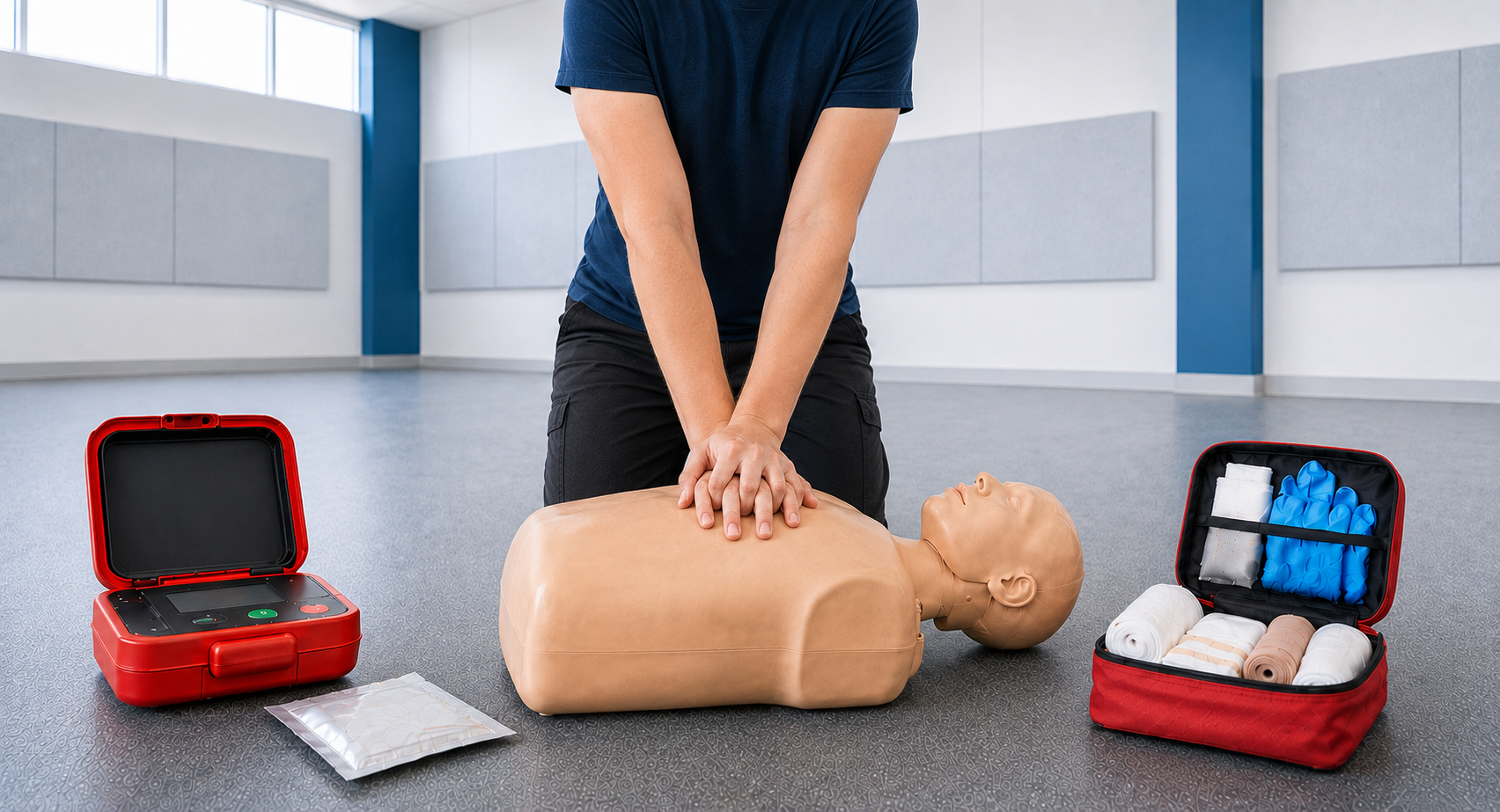 Woman practices CPR on a training mannequin beside an AED and first aid kit in a blue-gray safety training facility.