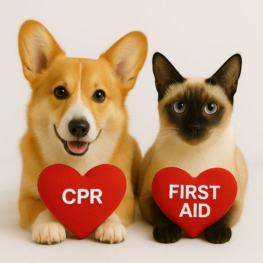 Dog and cat hold red heart signs labeled CPR and First Aid