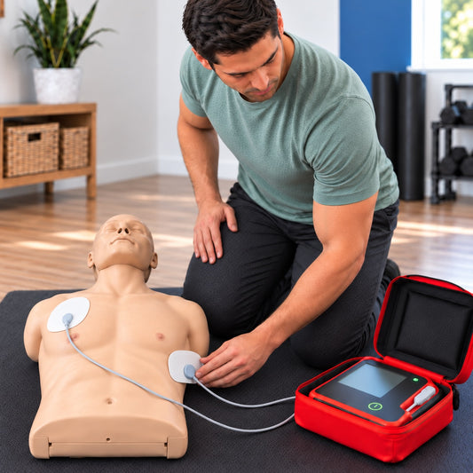 Responder performs CPR on a training mannequin with AED pads attached and the AED ready.